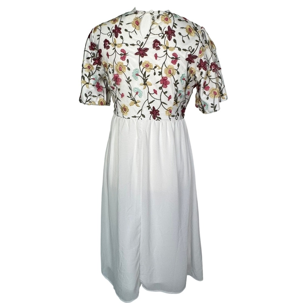 JESSAKAE Women's XS Floral Embroidered White Midi Dress Short‎ Sleeve Layered - Picture 3 of 10